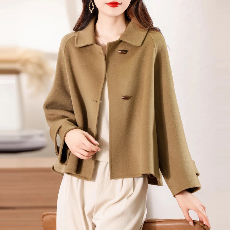 100% Merino Pure Wool Handmade Double-Sided Cloth Chic Coat Women's Short Oxhorn Button Heavy Coat High Street Elegant Top