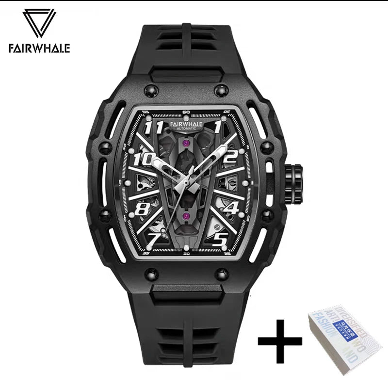 2025 Fashion Skeleton Automatic Watch Men Sports Silicone Strap Tonneau Red Wristwatch Man Luxury Mechanical Clocks Reloj Hombre