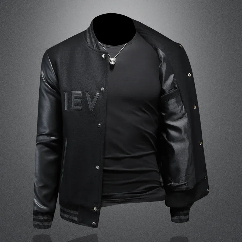 Handsome men's baseball collar patchwork jacket, high-quality baseball uniform, casual jacket, fashionable single breasted top