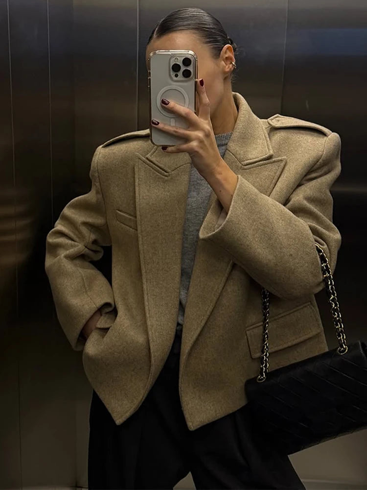 Women's Grey Woolen Blend Blazer Coat Lapel Long Sleeve Fashion Loose Outerwear 2025 New Autumn High Street Solid Commute Jacket
