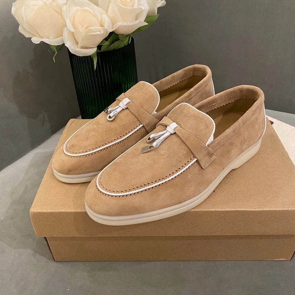 2025 Men's Flat Loafer Summer Top Quality Suede Leather Tassel Metal Buckle Pink Slipper Mules Comfortable Slip on Shoes