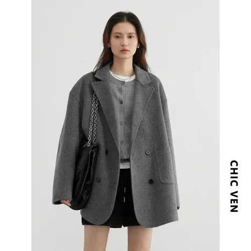 CHIC VEN Women's Woolen Coats Fashion Solid Loose Warm Jackets Korean Casual Office Lady Female Clothing Spring Autumn New 2025