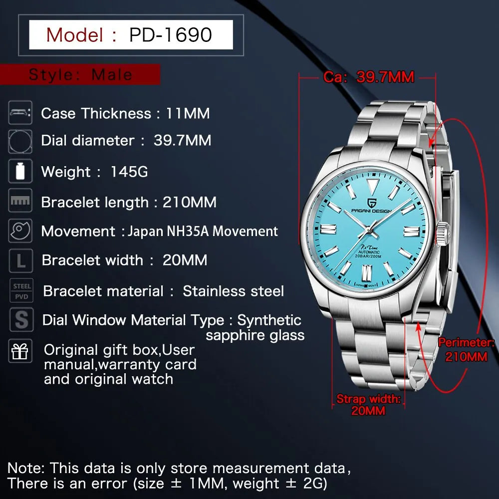2024 PAGANI Design New 39mmMen's  Mechanical Watches NH35 Automatic Watch Sapphire Stainless Steel 20Bar Waterproof Reloj Hombre