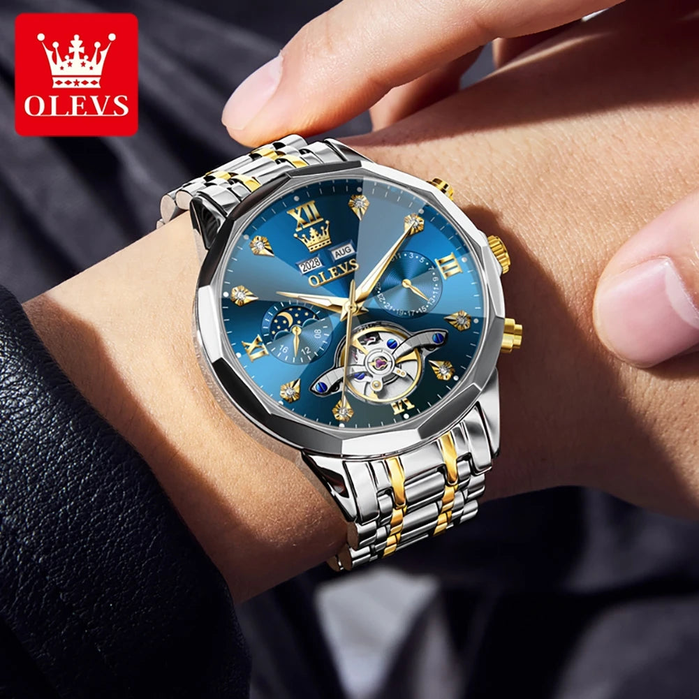 OLEVS 6621 Mens Watch High-end Automatic Mechanical Watches Flywheel Hollow Dial Calendar Moon phase Waterproof Man Wristwatch