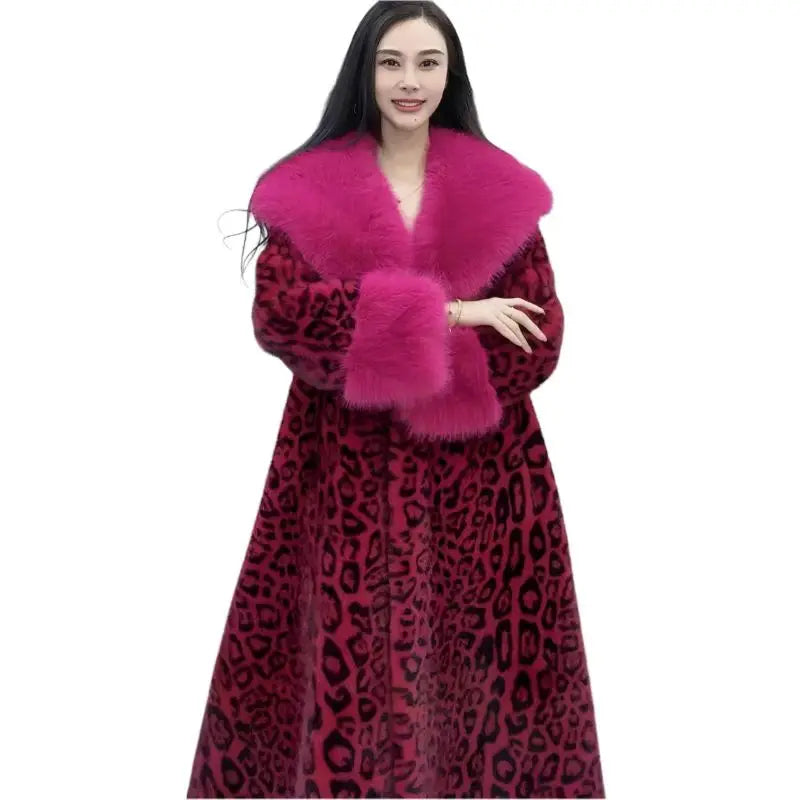 Faux fur coat for women,turn-down collar long jackets,adjustable waist casual overcoat, leopard, spliced, new winter