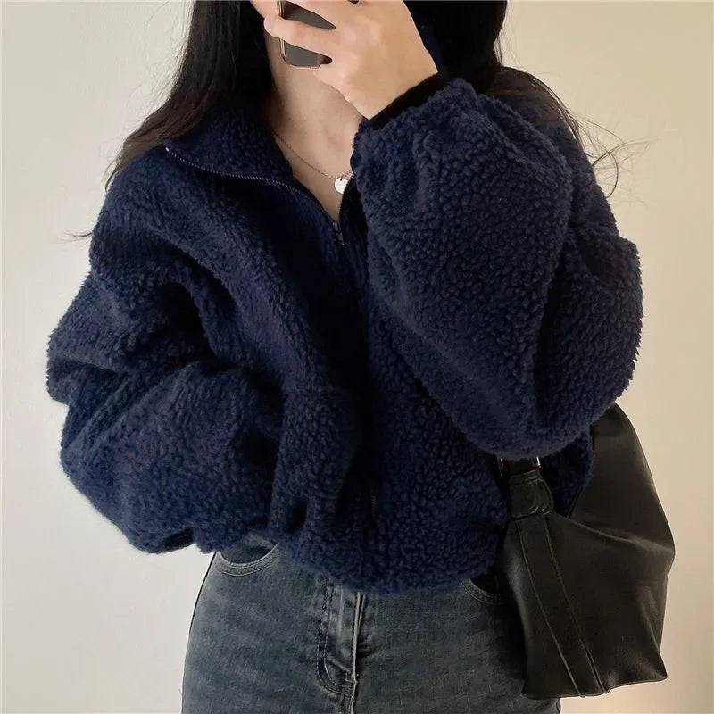 Women's Short Zipper Hoodie Thickened Stand Collar Lamb Velvet Jacket Loose Fit Autumn Winter Casual Style Outerwear