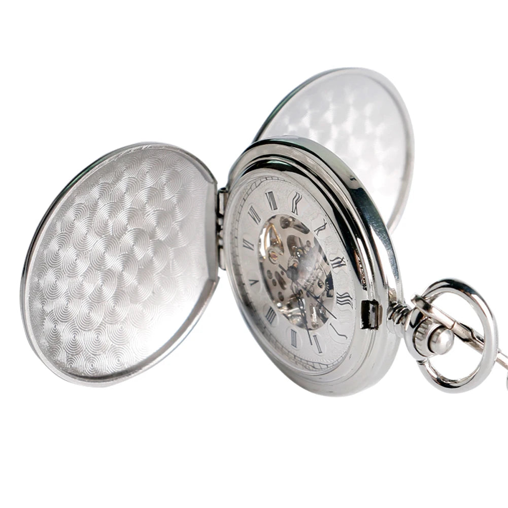 Classic Vintage Brushed Silver Mechanical Pocket Watch Hand Winding Movement Luxury Antique Timepiece Gift Men with Watch Box