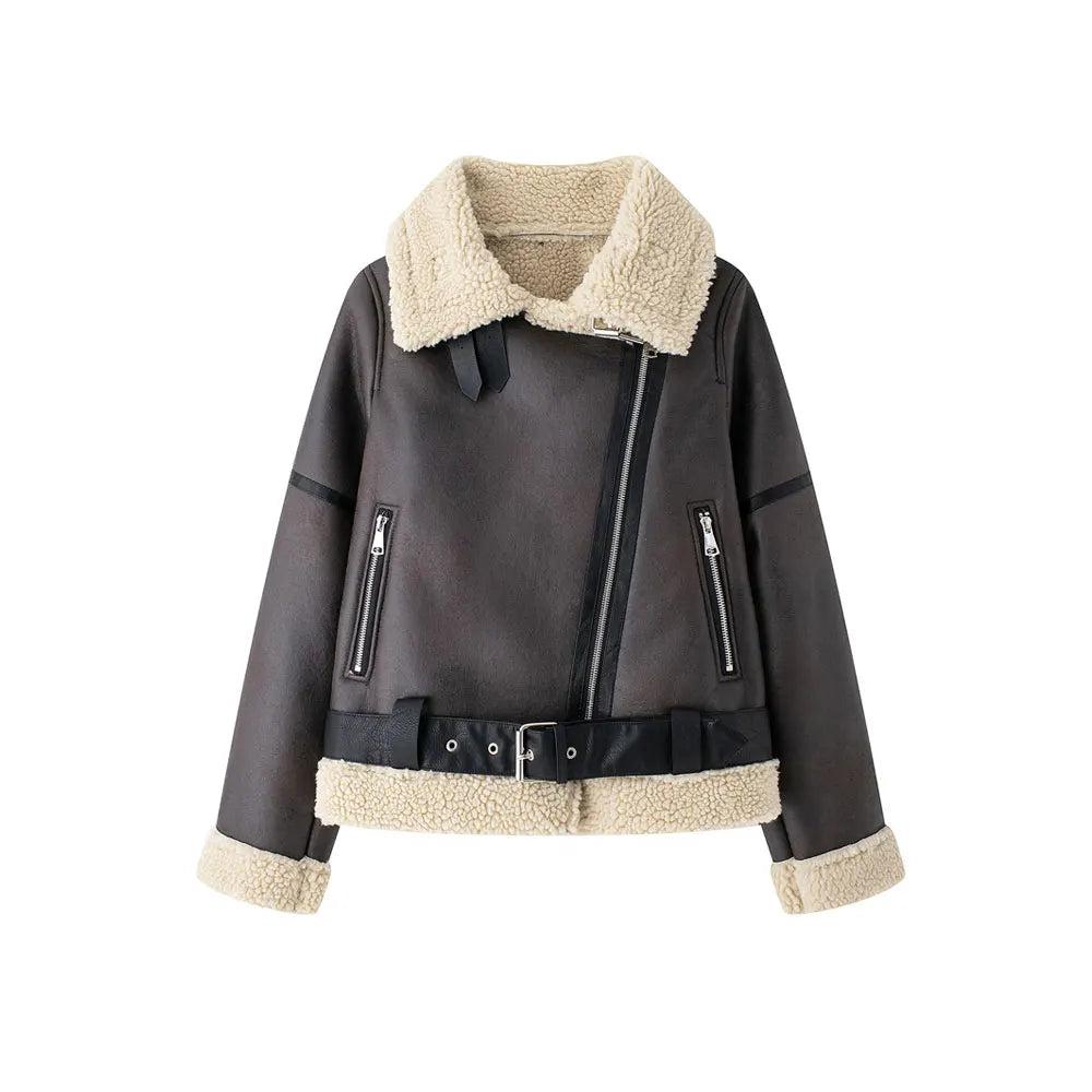 TRZA-Women's Thick Warm Suede Jacket with Belt, Long Sleeve Coats, Faux Shearing, Female Outerwear, Chic Tops, Winter Fashion