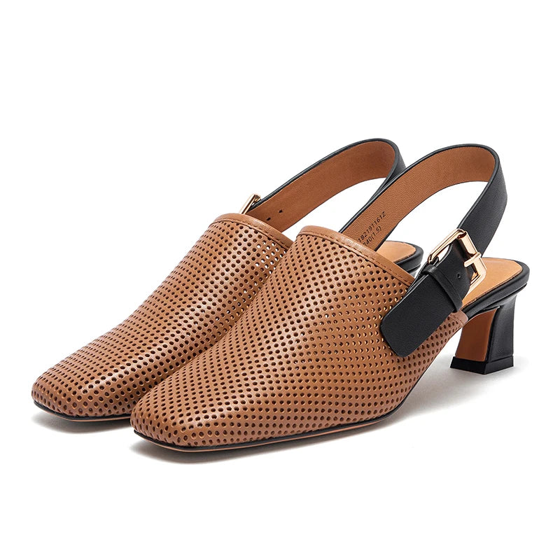 Luxury brand women's shoes summer sandals leather medium high heel hollow breathable temperament girls shoes 35-40 yards
