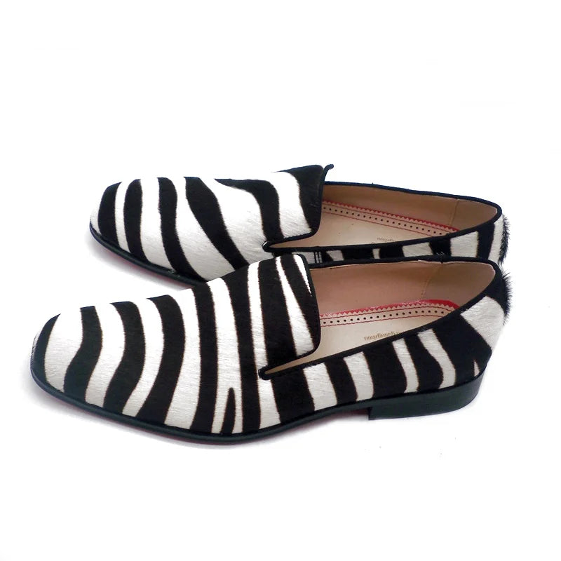 Luxury Brand Black And White Zebra Striped Shoes Men Horsehair Leather Loafers Slip On Dress Shoes Men's Flats Casual Shoes