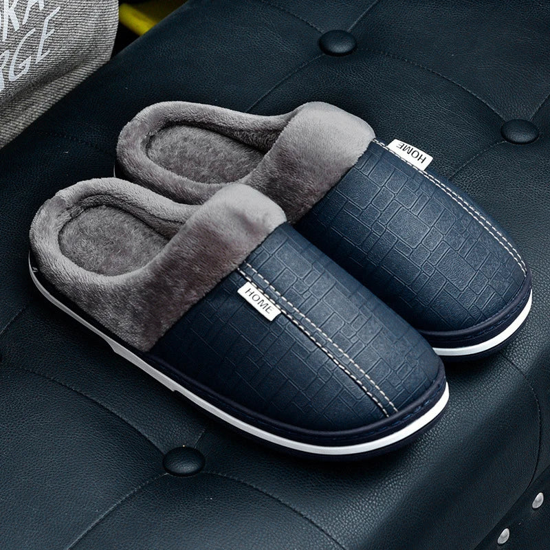 New Women Winter Slippers Indoor PU Leather Waterproof Cotton slippers Warm Home Fur Couple Non-slip Slipper Platform Shoes