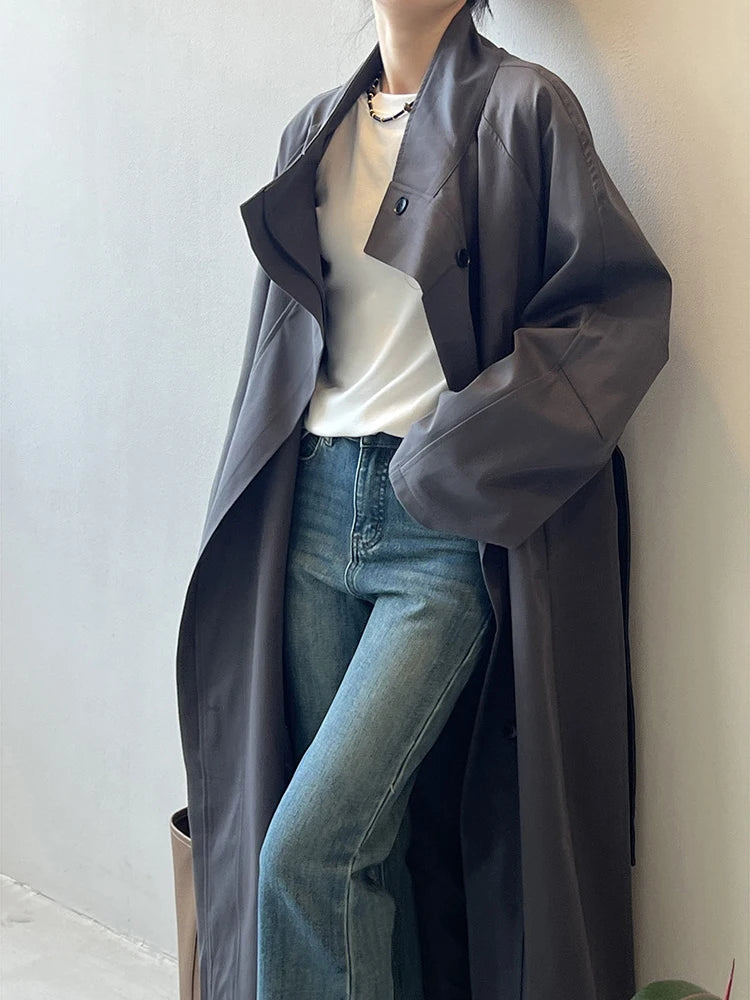 FANAN Office Lady Belt Gathered Waist Trench Women's Stand Neck Single Breasted Fashion Windbreaker Female Coats 2025 Spring New