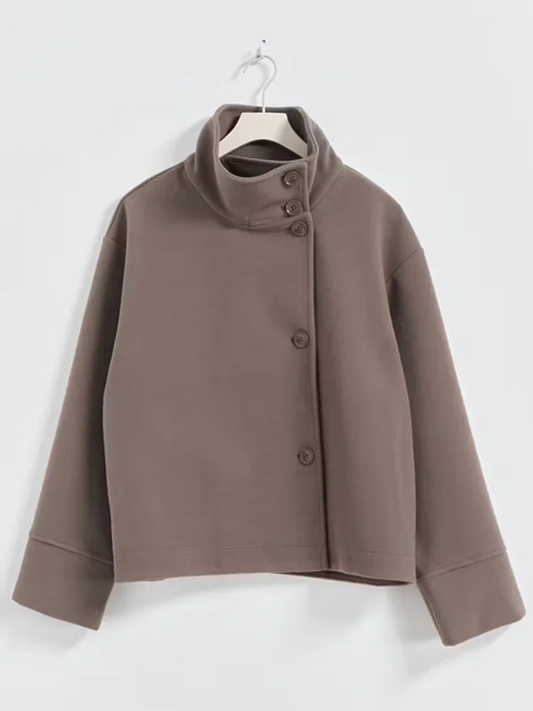 Solid Woolen Blend Casual Coat Women Stand Collar Long Sleeve Single Breasted Fashion Jacket Autumn Lady High Street New Outwear