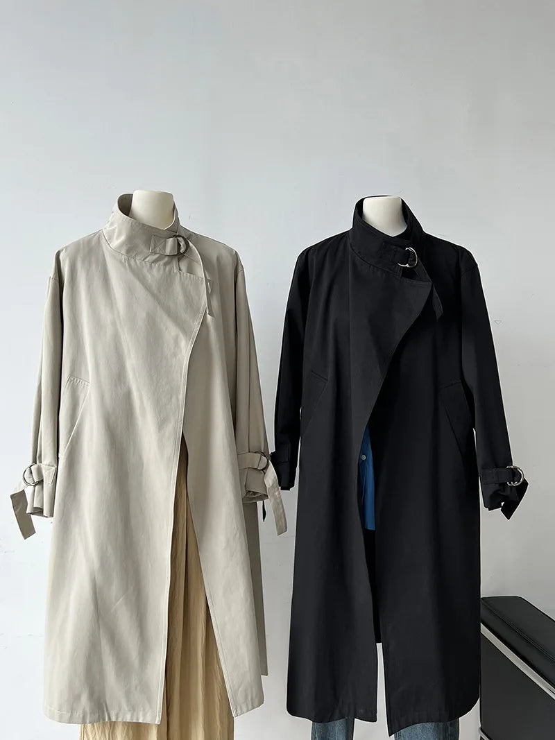 2023 Women Autumn Khaki Trench Coat Stand Collar Women Long Coat Casaco Feminino New Trench Femme