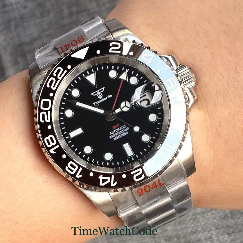 Tandorio 40mm NH34A Men's Automatic Watch GMT Function Luminous Black Dial Sapphire Crystal Auto Date Bracelet Rotating Bezel