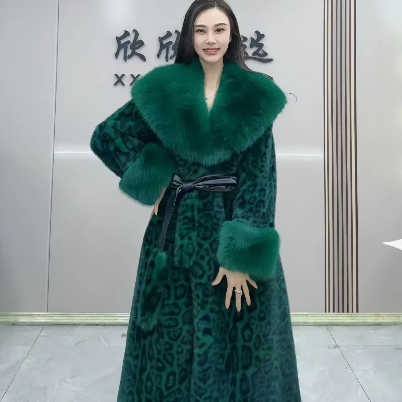 Faux fur coat for women,turn-down collar long jackets,adjustable waist casual overcoat, leopard, spliced, new winter