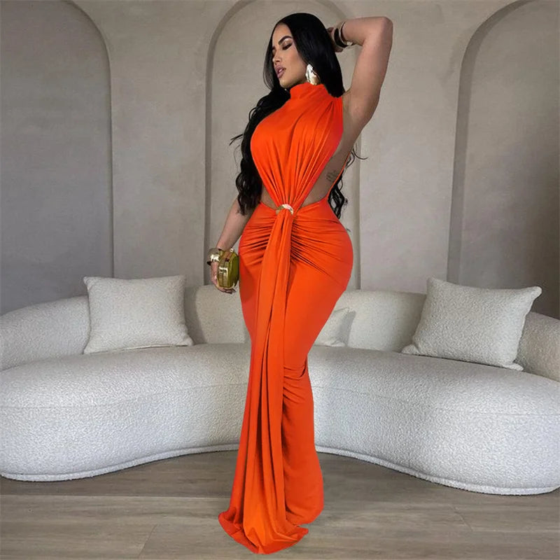 Elegant Celebrity Mermaid Maxi Dress Women Birthday Night Party Evening Prom Metal Ring Cutout Ruched Ribbon Formal Long Dresses