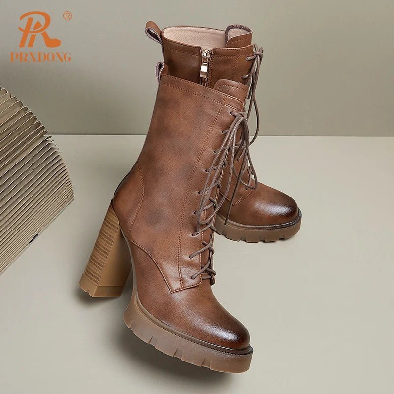 PRXDONG Women's Shoes New Brand Genuine Cow Leather Square High Heels PLatform Shoes Woman Ankle Boots Black Brown Retro Autumn