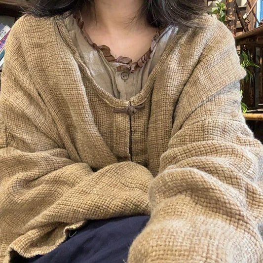 Women Knit Cardigan 2024 Autumn Winter Long Sleeve V Neck Loose Sweater Jacket Vintage Thicken Casual Versatile Tops Jaquetas