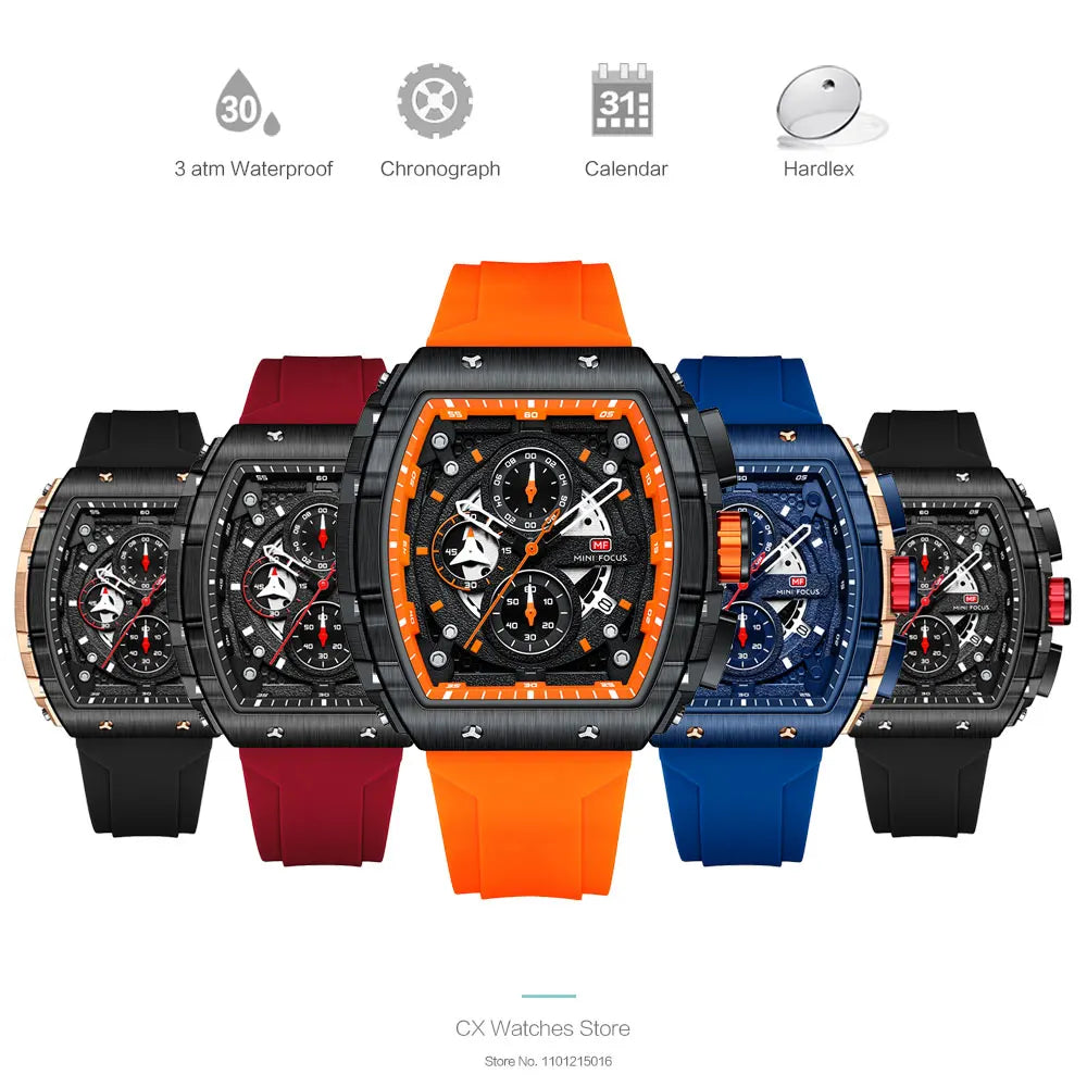 MINI FOCUS Chronograph Quartz Watch for Men Tonneau Dial Military Sport Wristwatch with Orange Silicone Strap Auto Date 0399
