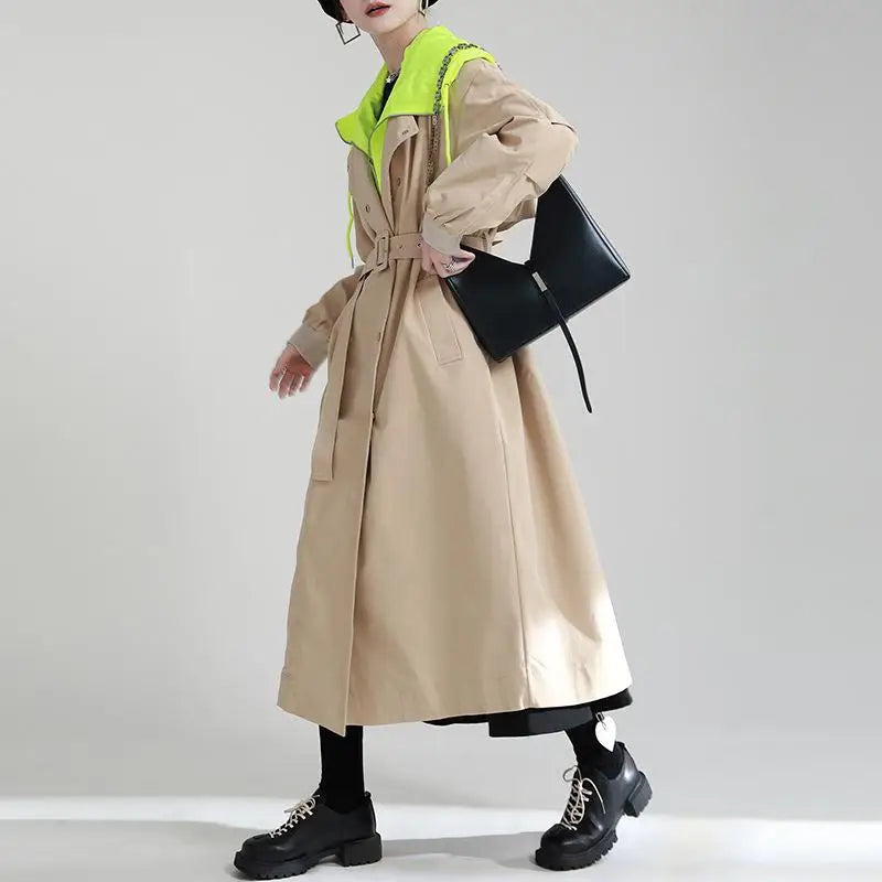 Getspring Women Trench Coat Color Matching Patchwork Hooded Windbreaker Double Breasted Bandage Khaki Long Overcoat 2022 New