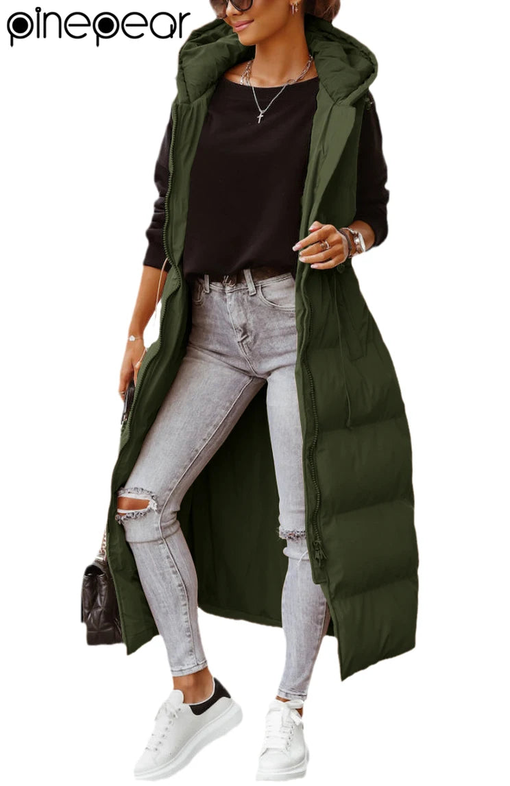 PinePear 2025 Fall Winter Fashion Women Super Long Quilted Vests Hooded Maxi Length Sleeveless Puffer Vest Padded Coat Outerwear