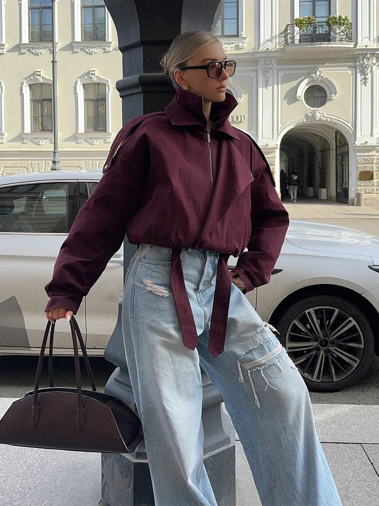 Women Solid Color Bomber Short Jacket High Collar Pocket Zipper Full Sleeve Coats Lady 2025 New Winter Fashion Highstreet Wear