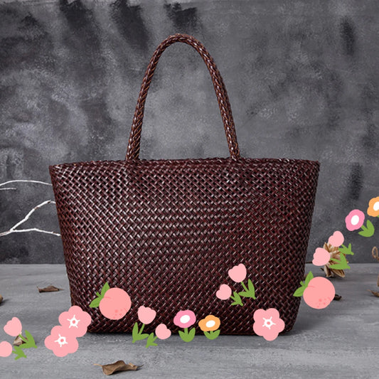 Women Leather Handbag Romantic Big Handmade Woven Totes Female Cowhide Big Holiday Bucket Bag Causal Beach Shoulder Handbags