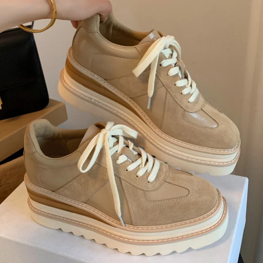 Women's genuine leather patchwork thick sole platform hemp lace-up oxfords high quality soft comfortable walk casual shoes 2025