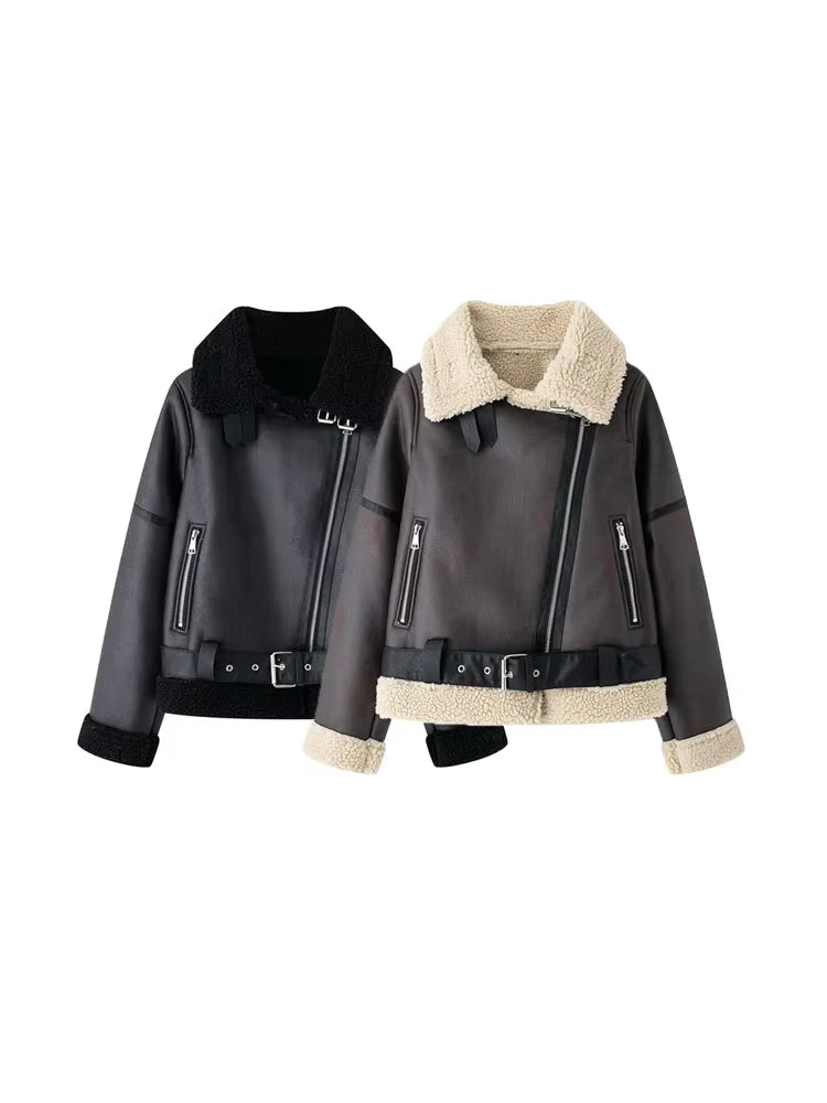 TRZA-Women's Thick Warm Suede Jacket with Belt, Long Sleeve Coats, Faux Shearing, Female Outerwear, Chic Tops, Winter Fashion