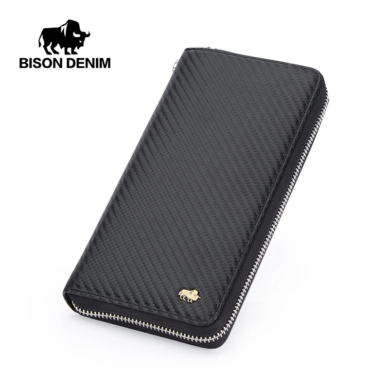 BISON DENIM New Designer Men's Long Wallet High Quality Carbon Fiber Purse RFID Blocking Bill Card Holder Large Capacity Wallet