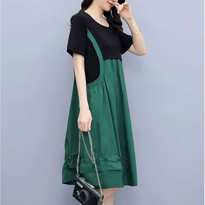 Fashion O-Neck Spliced Loose Folds Shirring Midi Dress Women's Clothing 2023 Summer New Oversized Fake Two Pieces Casual Dresses
