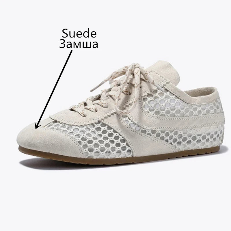 MORAZORA INS Fashion Suede Leather Women Sneakers Lace Up Mesh Breathable Cut Outs Flat Shoes Summer Casual Shoes Female
