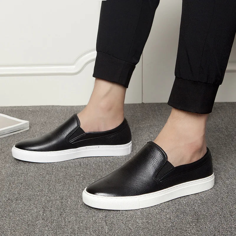 New High End Men Genuine Leather Casual Shoes Fashion Concise Cool Slip-on Loafers Man Flat Leather Skate Shoes Male
