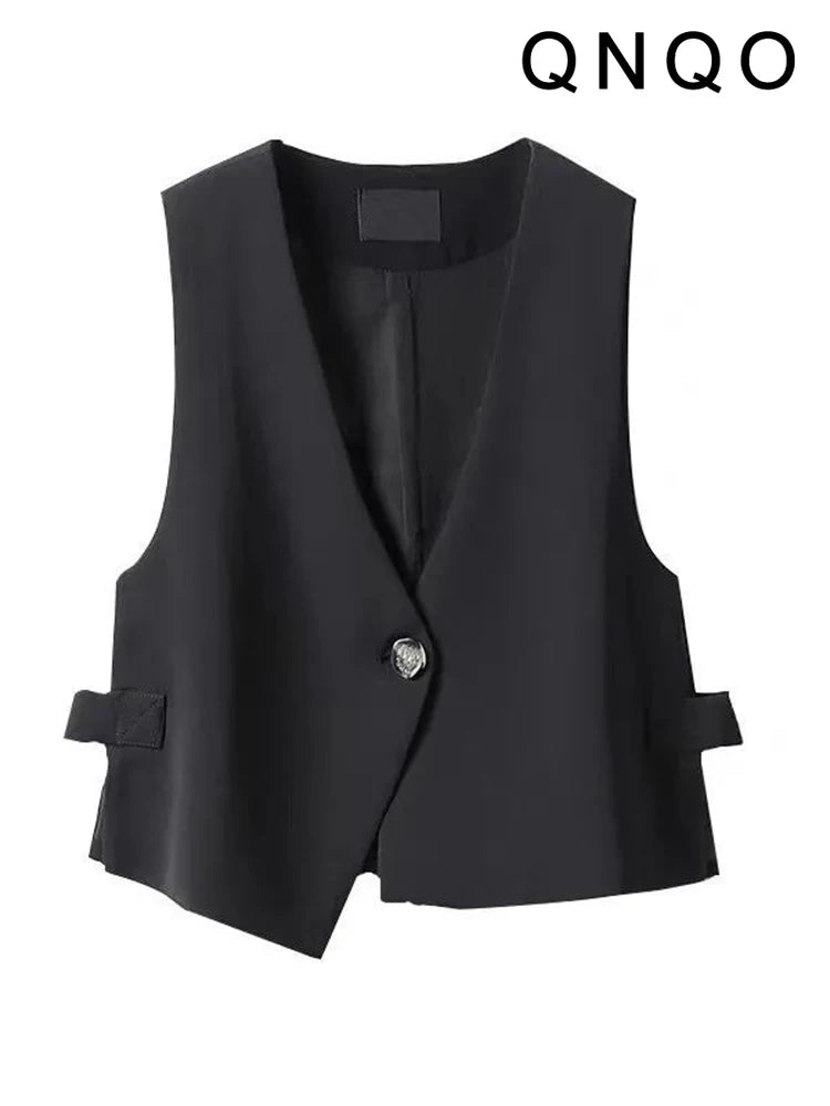 QNQO Black Vest for Women Single Button V-Neck Casual Tops 2024 Summer New Shrug Office Lady Fashion Sleeveless Female Crop Top