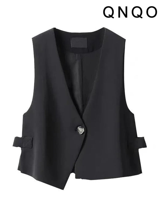 QNQO Black Vest for Women Single Button V-Neck Casual Tops 2024 Summer New Shrug Office Lady Fashion Sleeveless Female Crop Top