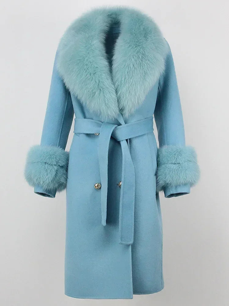 2024 Winter Jacket Women Long Natural Wool Blends Cashmere Real Fur Coat Double Breasted Belt Warm Wool Streetwear New Fashion