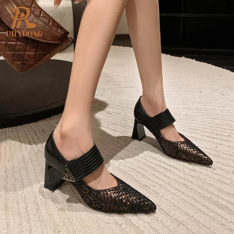 PRXDONG Genuine Leather Women Pumps 2025 New Spring Summer High Heels Pointed toe Black Brown Dress Party Female Shoes Size 40