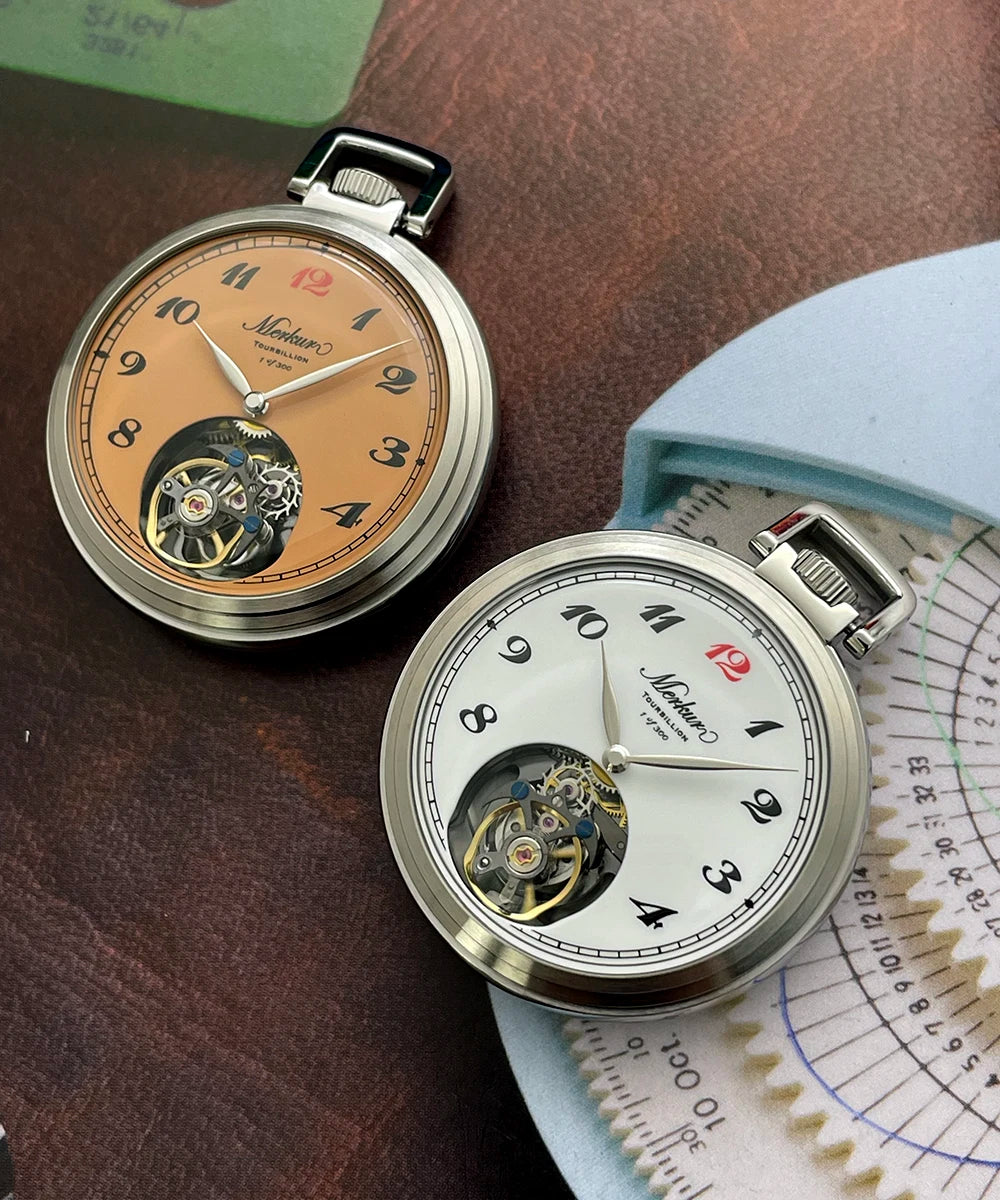 Merkur True Tourbillon Vintage Pocket Watch Salmon Enamel Dial Men's Manual Mechanical Watch 42mm NEW Waterproof