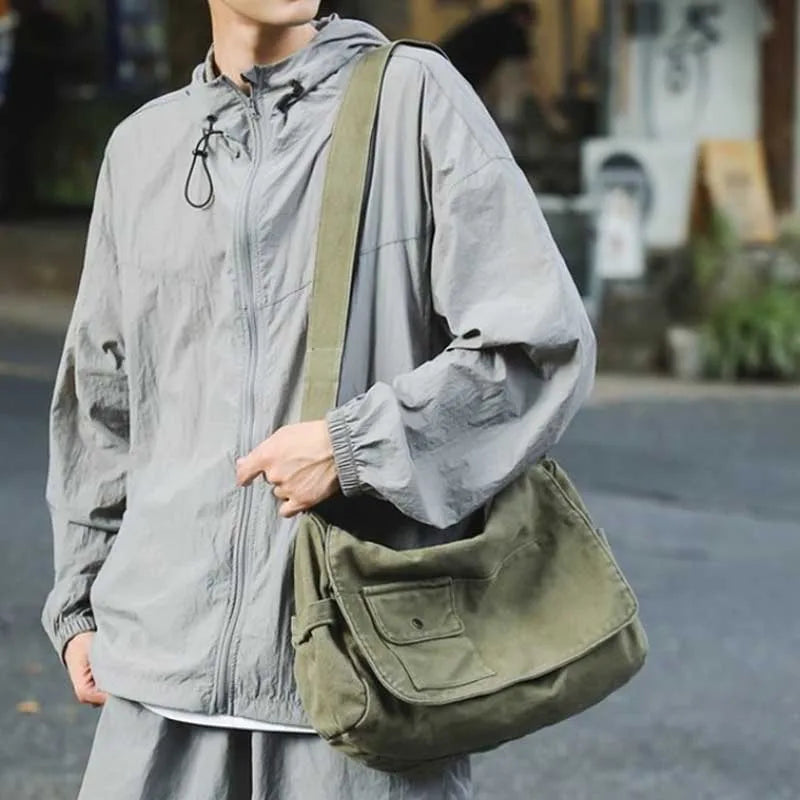 Casual Canvas Messenger Bag Versatile Flip Large Capacity Shoulder Book Bag For Student Adjustable Crossbody Bag For Men Women