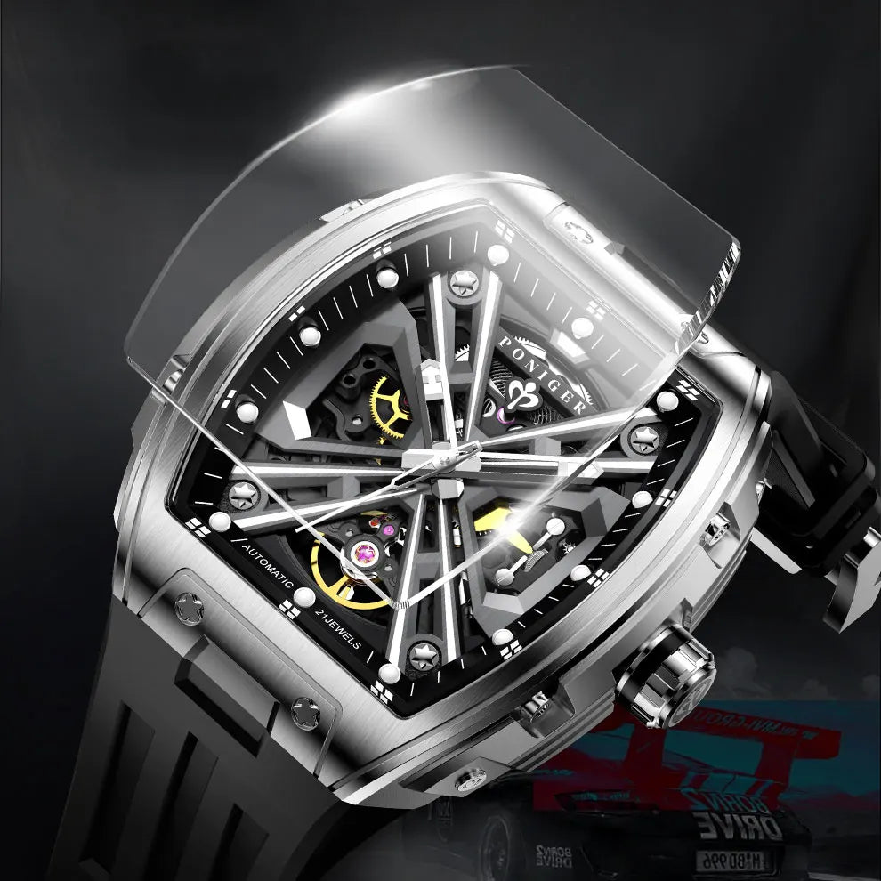 PONIGER New Men's Watch Automatic Movement Mechanical Tourbillon Design Men Watch Stainless Steel Case Waterproof Luminous Watch