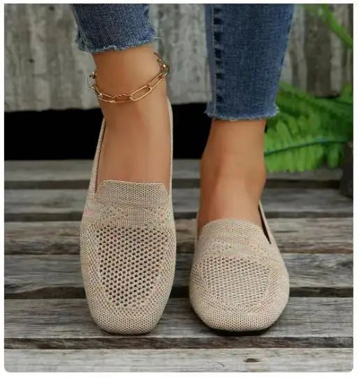 Flat Mesh Knitted Striped Flats Shoes for Women Autumn New Light Slip on Flat Casual Shoes Ladies Square Toe Breathable Sneakers