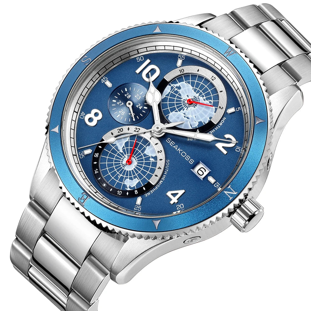 SEAKOSS 100m Diving Mens Earth Automatic Mechanical Watches Super Luminous Sapphire Wristwatches Calendar 24Hours Display Clocks