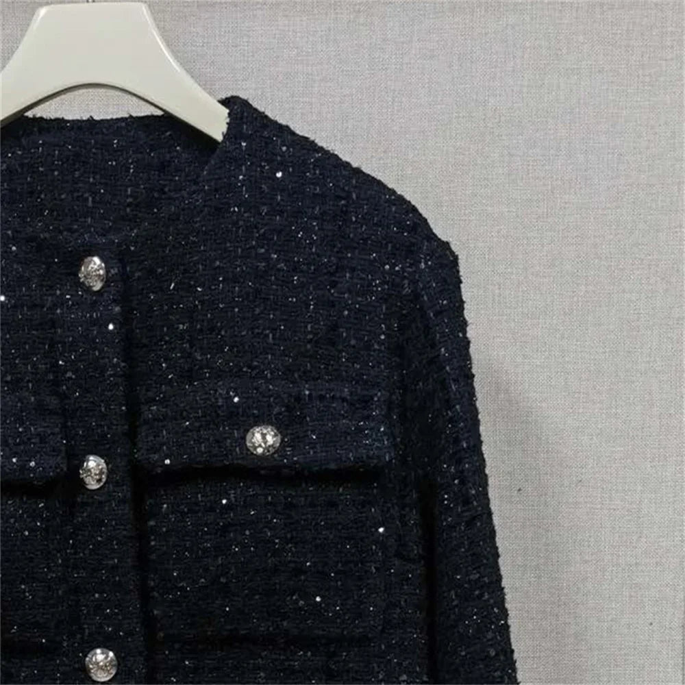 Autumn Winter Women Shiny Silk Tweed Coat Tassel Trim Lace-Up Cinching Jacket Top or Wide Leg Pants with Sashes