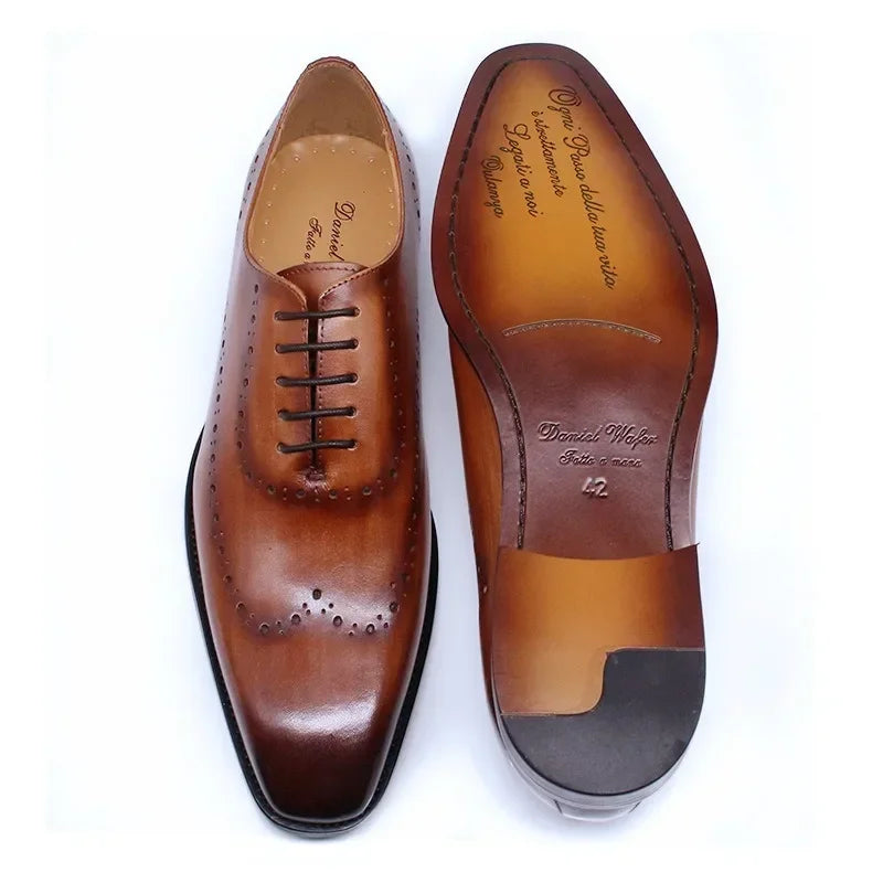 British Men's Business Dress Shoes Carved Block Fashion Small Square Head Polished Handmade Genuine Leather Oxford Shoe for Men