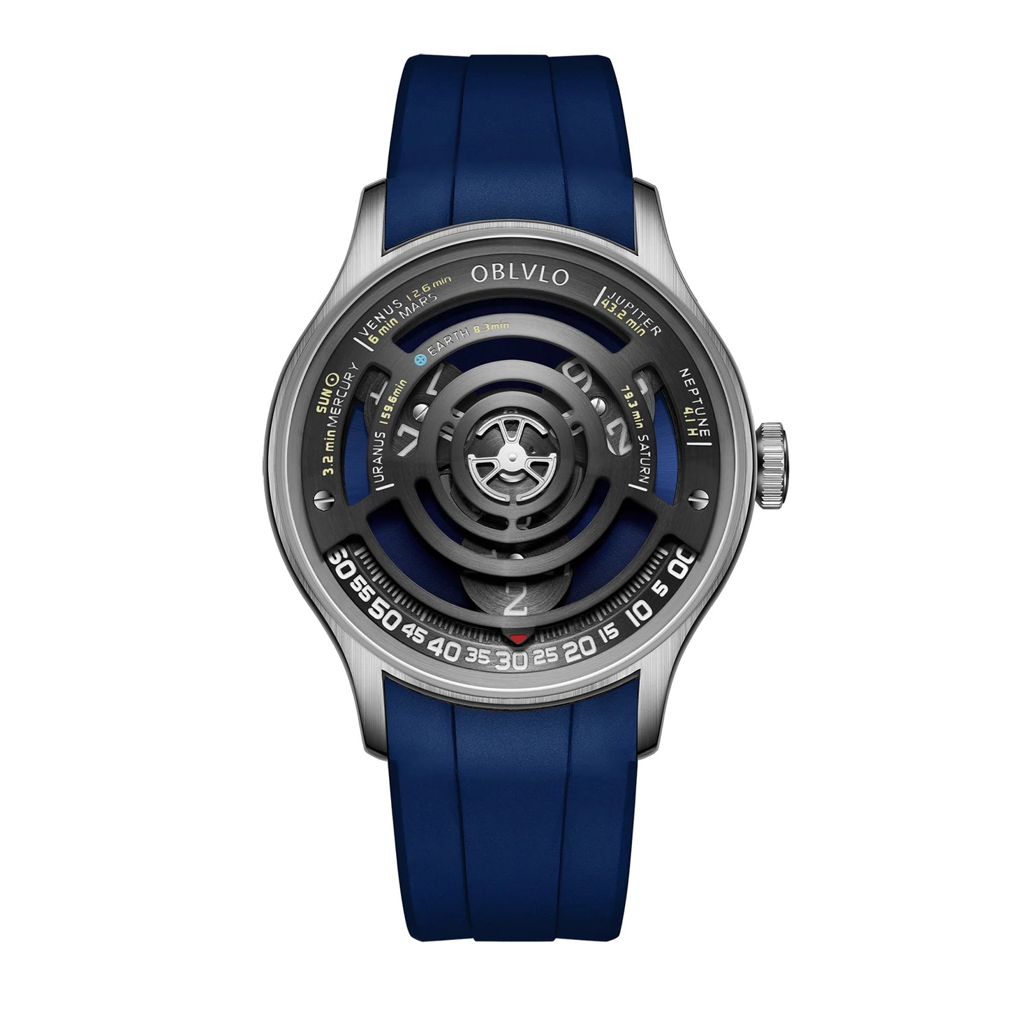 OBLVLO Designer Circular Dial Blue Nightlight Silicone Automatic Watch Unique Rotor Blue Dial Mechanical Watches BLM-SOLAR