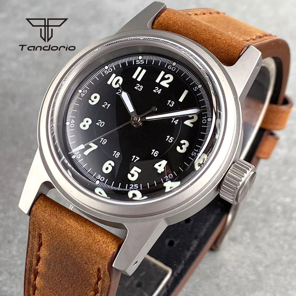 Tandorio Sandblasted 36mm Men's Dive Mechanical Wristwatch Domed Sapphire Crystal NH35 PT5000 20BAR Luminous Watch Date Leather