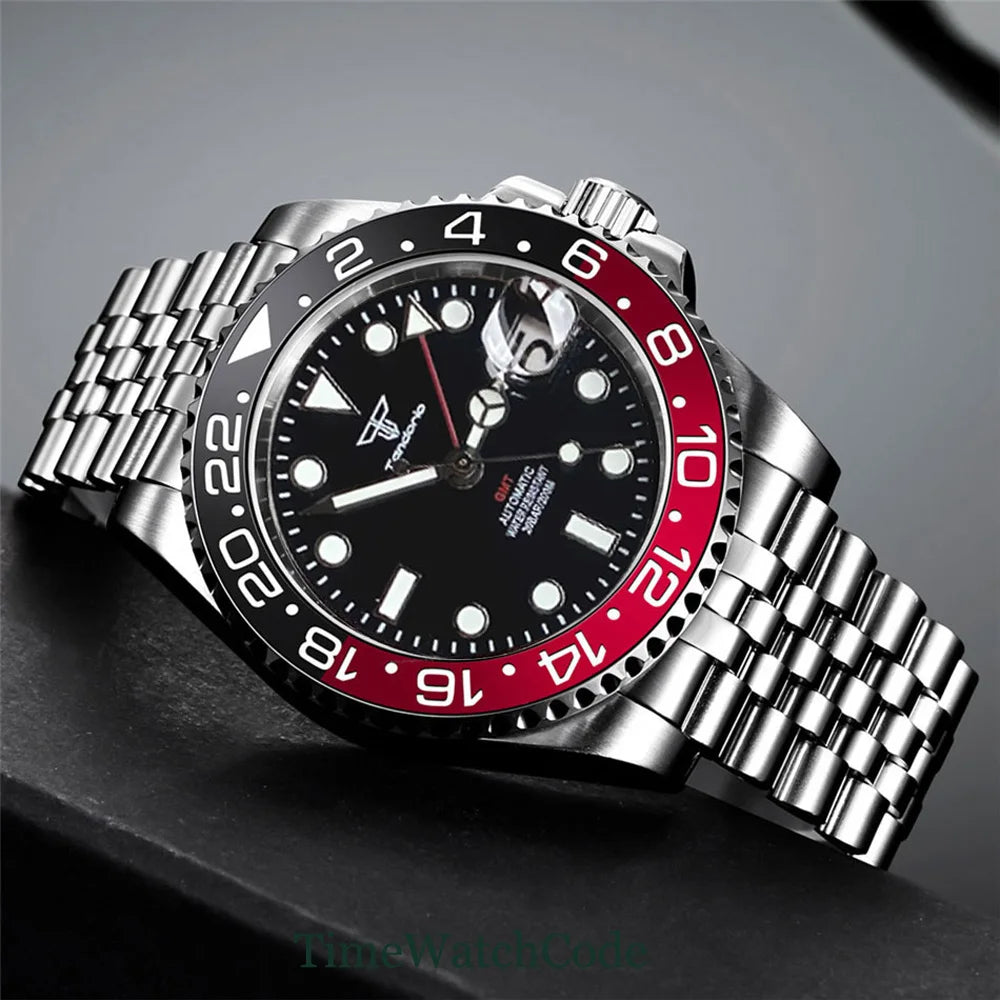 Tandorio 40mm NH34A Men's Automatic Watch GMT Function Luminous Black Dial Sapphire Crystal Auto Date Bracelet Rotating Bezel