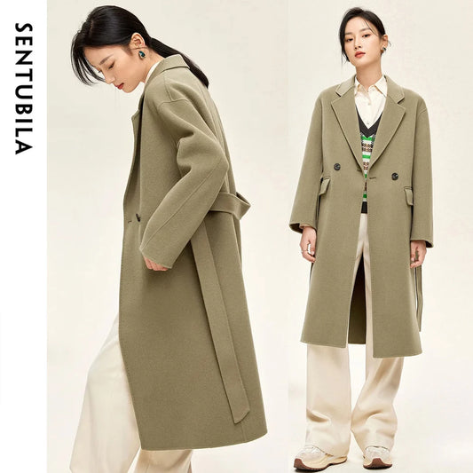 SENTUBILA 100% Woolen Long Coat For Women 2025 Winter Thick Straight Belted Mid-length Warm High Quality Outerwear W44O56770X