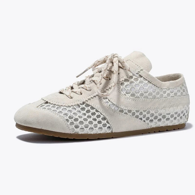 MORAZORA INS Fashion Suede Leather Women Sneakers Lace Up Mesh Breathable Cut Outs Flat Shoes Summer Casual Shoes Female